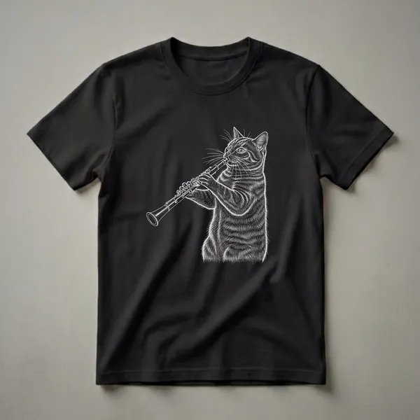 White line drawing of a tabby cat playing a clarinet, depicted on a black t-shirt.