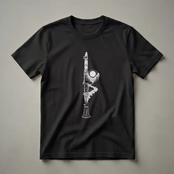 White line drawing of a clarinet filled with a nature scene including mountains, a river, pine trees, and a moon, on a black t-shirt.