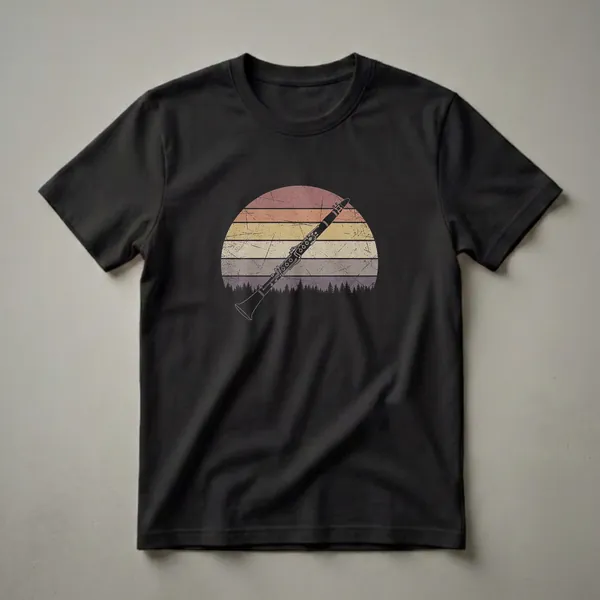 Black graphic t-shirt featuring a silhouette of a clarinet against a retro sunset with horizontal stripes and a pine tree forest below.