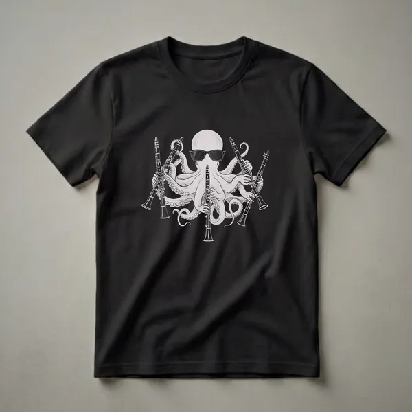 Black t-shirt with a white graphic of an octopus wearing sunglasses and holding six clarinets.