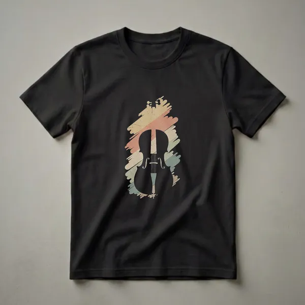 Black graphic t-shirt featuring a silhouette of a cello with distressed retro-style brush strokes in beige, coral, and teal.