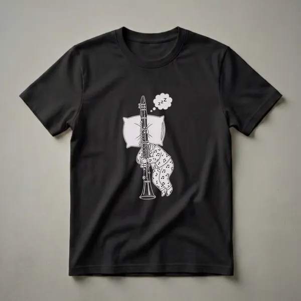 Black t-shirt with a cartoon illustration of a clarinet wearing pajamas, sleeping on a pillow, with 'zzz' in a thought bubble.