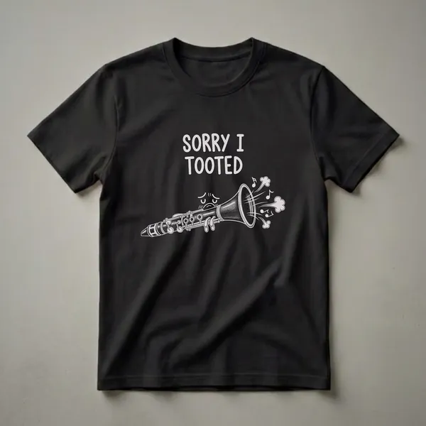 Black t-shirt with a white chalk-style drawing of a clarinet with a sad face, musical notes, and the text "SORRY I TOOTED".