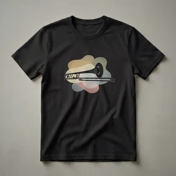 Black graphic t-shirt featuring a retro trombone silhouette against a backdrop of textured, abstract shapes in muted colors.