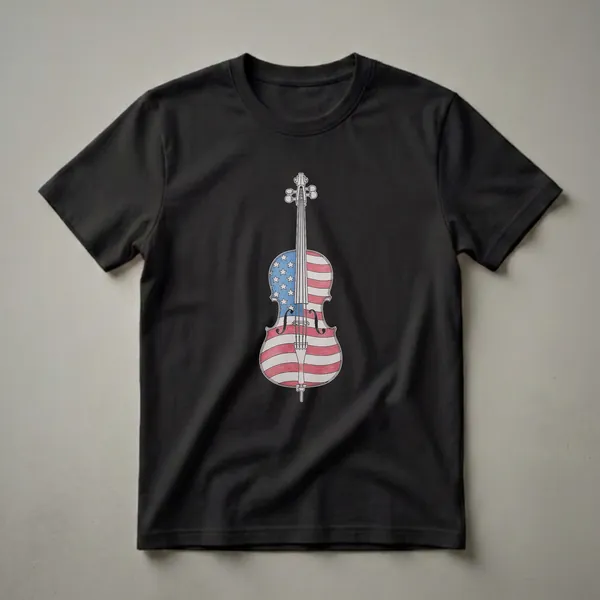 A black t-shirt featuring a drawing of a cello with its body designed as the American flag, showing red and white stripes and a blue field with white stars.