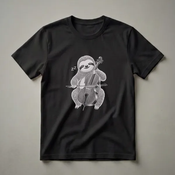 White graphic t-shirt featuring a detailed drawing of a sleepy sloth playing a cello, with ZZZ symbols above.