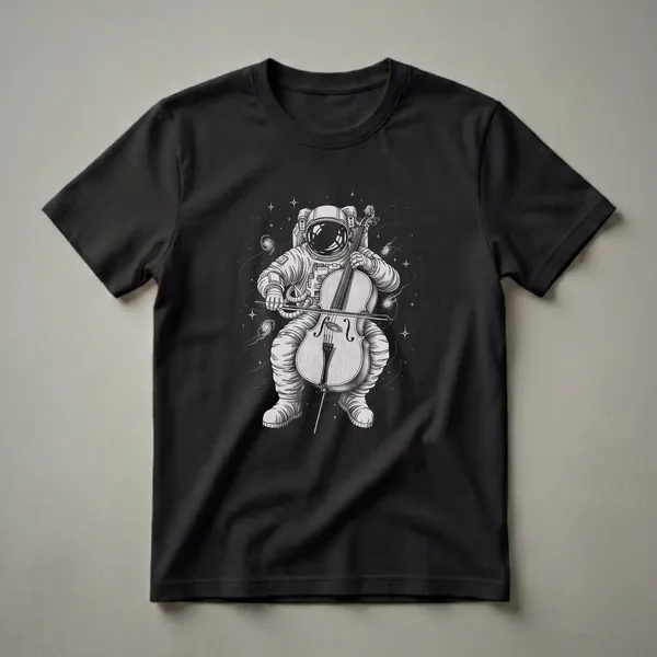 Monochromatic graphic t-shirt featuring an astronaut playing a cello in space, surrounded by stars and galaxies. The astronaut wears a detailed suit and helmet, holding the cello and bow.
