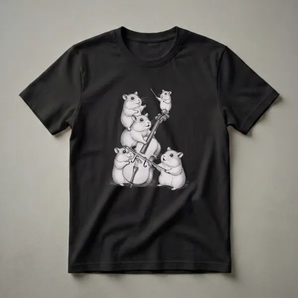 A graphic t-shirt featuring a pencil-style drawing of five hamsters playing a cello, with one hamster conducting.