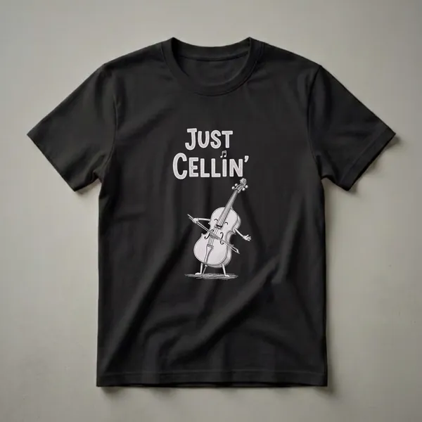 Black t-shirt with a white graphic featuring a cartoon cello with arms and legs holding a bow, and the text 'JUST CELLIN'' above it.