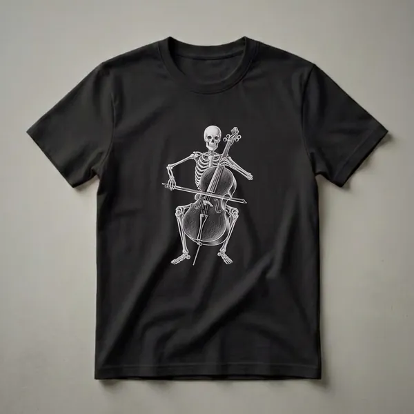 A graphic t-shirt featuring a skeleton playing a cello with a bow, rendered in a sketch art style.