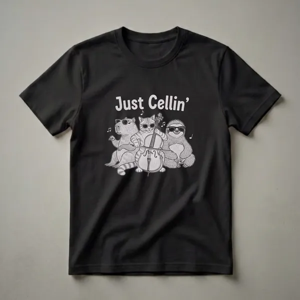 A white t-shirt features a sketch-style graphic of a cat, capybara, and sloth wearing sunglasses, with the cat playing a cello and musical notes around them. The text 'Just Cellin'' is above the image.