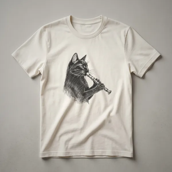 Black line art sketch of a cat playing a recorder on a black background, suitable for a t-shirt.