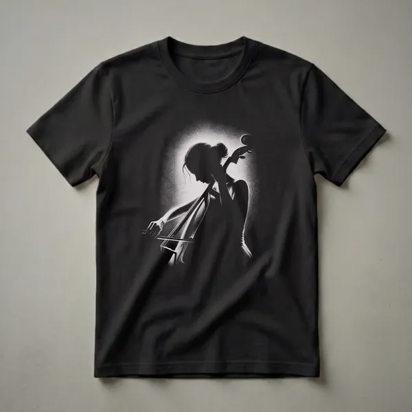 A black and white graphic t-shirt featuring a stippled drawing of a woman playing the cello, with her hair in a bun.