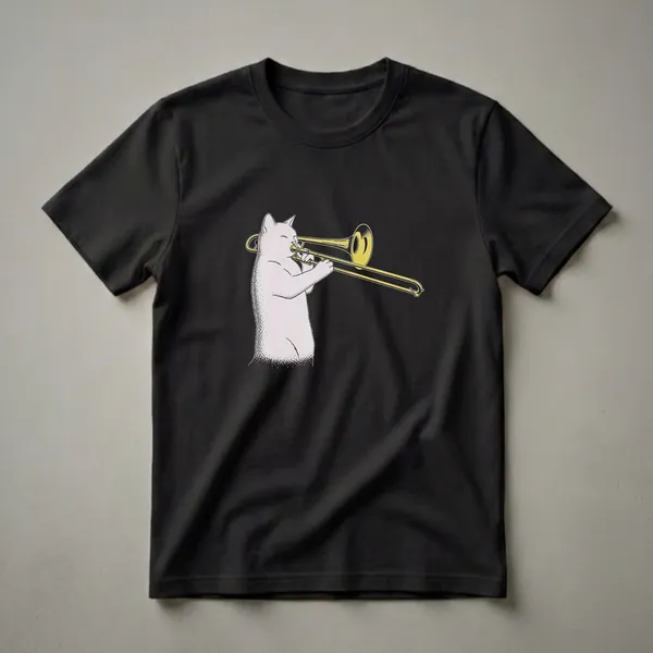 A light purple cat with its eyes closed is playing a yellow brass trombone, depicted in a stylized drawing with stippling detail.