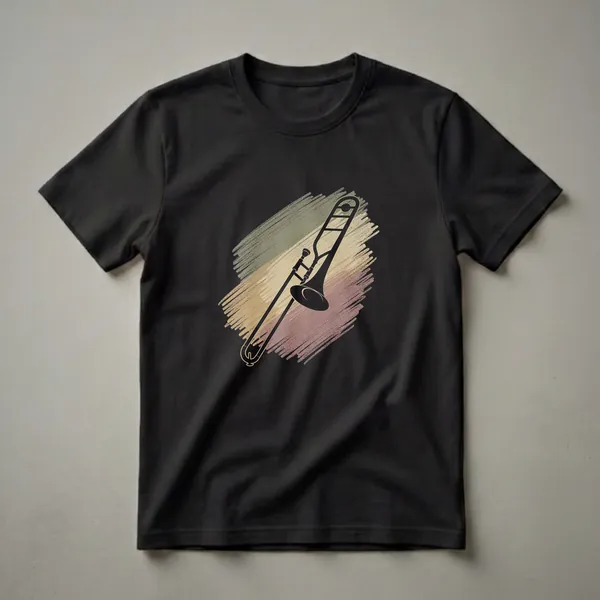 Black graphic t-shirt featuring a black silhouette of a trombone with a distressed stripe background in muted green, tan, and mauve.