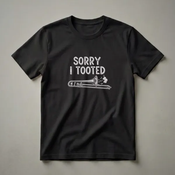 Black t-shirt with a vintage-style drawing of a trombone. The words 'SORRY I TOOTED' are printed in distressed grey letters above the instrument, with musical notes and air puffs coming from the bell.