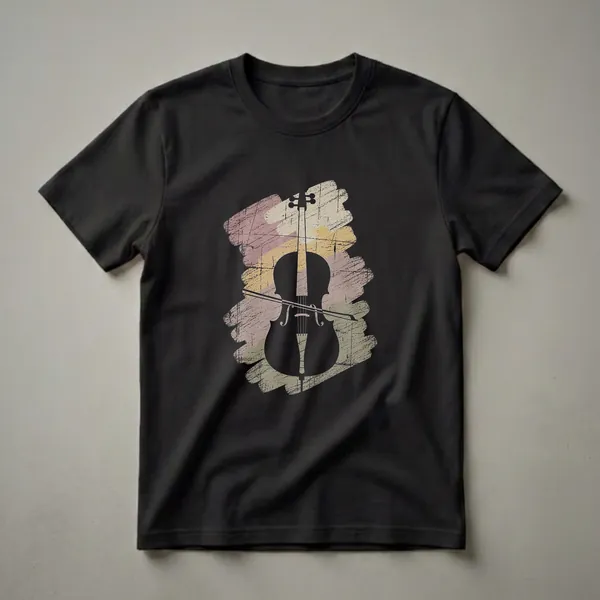 White cello silhouette with bow on a distressed background of muted horizontal brush strokes in pink, beige, and green. This graphic t-shirt is for cellists.
