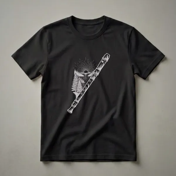 Black t-shirt with a white line drawing of a recorder superimposed over a stylized nature scene featuring a sunburst, pine trees, and a lake.