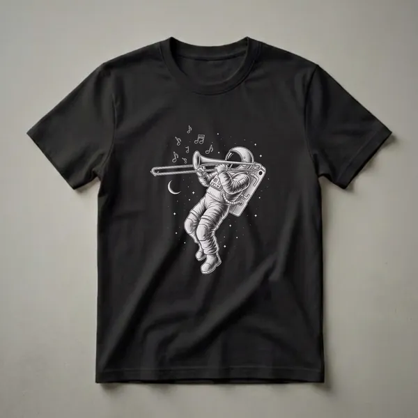 Black and white graphic t-shirt featuring an astronaut in a spacesuit playing a trombone, with musical notes, a crescent moon, and stars in the background.