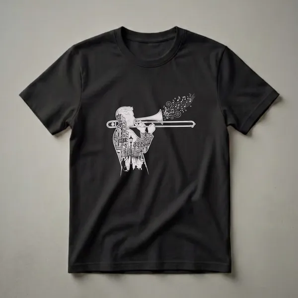 Black t-shirt with a white graphic design of a trombonist playing their instrument, with a jazz city scene inside their silhouette and musical notes flowing from the bell.