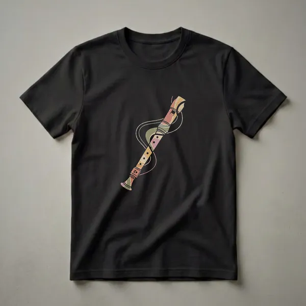 Black t-shirt with a retro-style drawing of a colorful recorder instrument surrounded by abstract musical notes and lines.