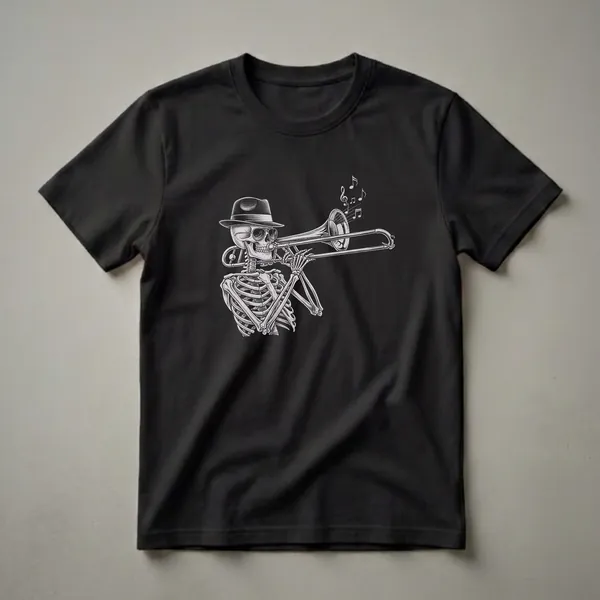 Black t-shirt with a white graphic of a skeleton wearing a fedora and sunglasses, playing a trombone with musical notes emanating from the bell.