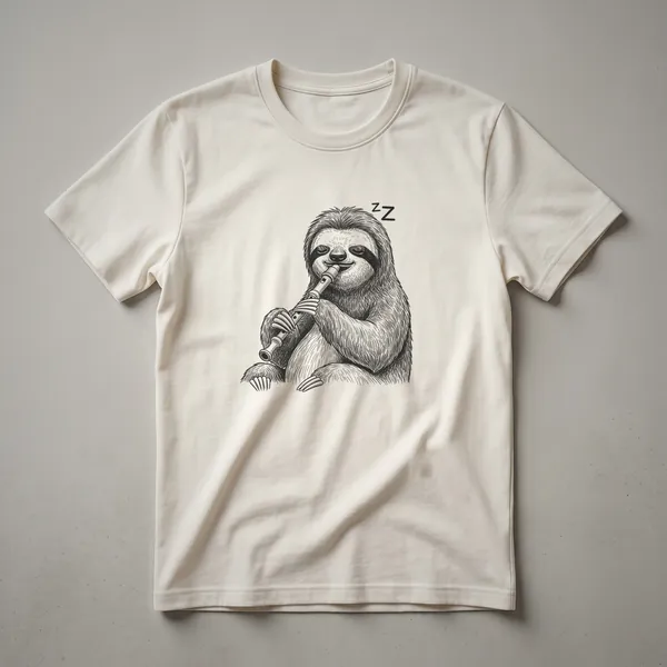 Black t-shirt with a line art drawing of a sloth playing a recorder, with 'Zz' above its head.