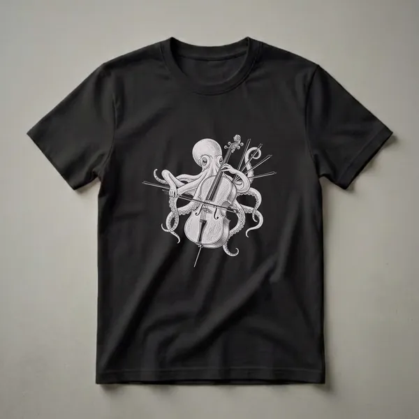 A light grey graphic t-shirt featuring a detailed line drawing of an octopus playing a cello with multiple bows.