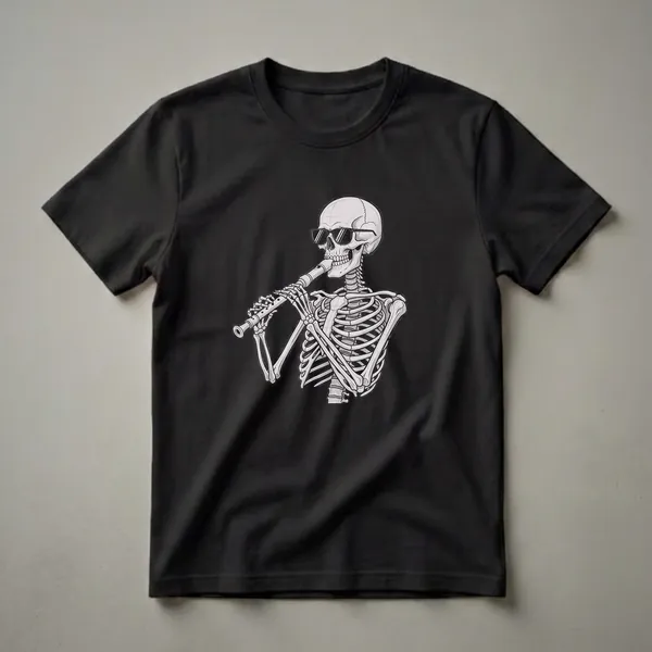 Black t-shirt featuring a grayscale drawing of a skeleton wearing sunglasses and playing a recorder, with detailed bone structure and shading.