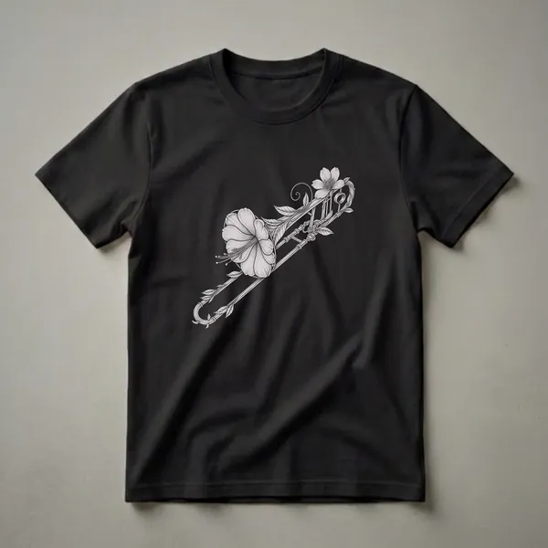 Black and white pencil drawing of a trombone with intricate floral and leaf embellishments, presented on a black background.