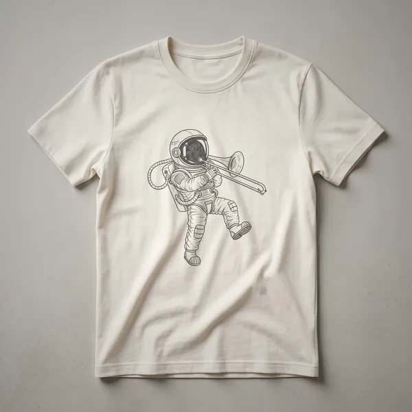 Black line art sketch of an astronaut in a spacesuit playing a trombone, depicted on a black background.