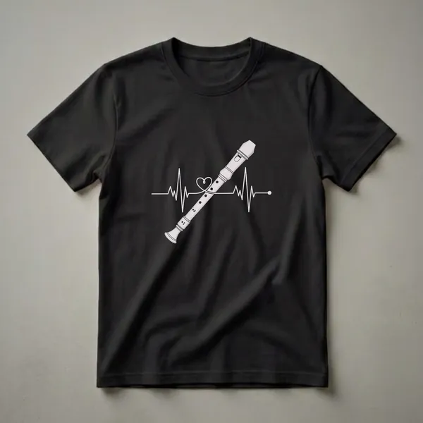 White graphic t-shirt featuring a recorder superimposed on a white heartbeat EKG line, with a heart shape formed by the EKG line.