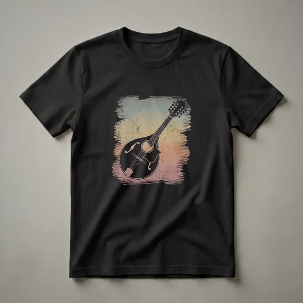 Black silhouette of a mandolin with a distressed, multi-colored background featuring shades of blue, yellow, and pink.