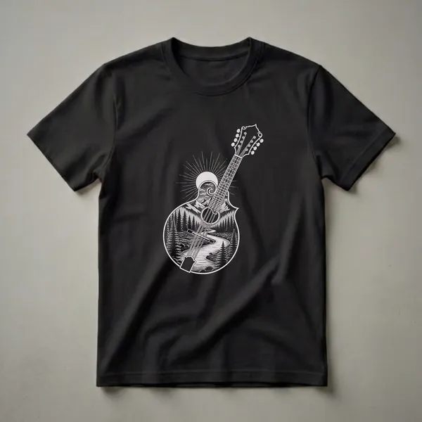 Black t-shirt with a white line drawing of a mandolin. The mandolin's body contains a detailed landscape with mountains, a river, pine trees, and a sunburst.