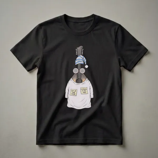 Light grey t-shirt featuring a cartoon mandolin character wearing a striped sleep cap and two yellow sticky notes with humorous text about being out of tune.