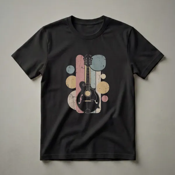 Black retro mandolin graphic art t-shirt with distressed pastel stripes and circles.