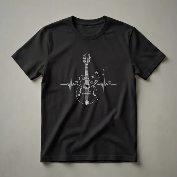 White line drawing of a mandolin with a heartbeat EKG line and small hearts on a black t-shirt.