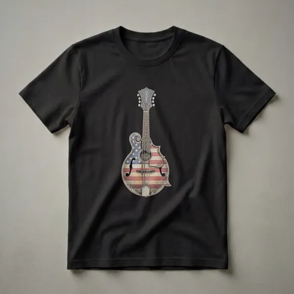 A graphic t-shirt featuring a drawing of a mandolin with the body designed to look like the American flag, set against a black background.