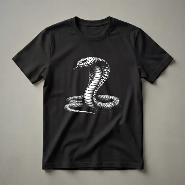 Black and white graphic art t-shirt featuring a detailed illustration of a cobra snake with its hood flared and tongue flicking, coiled on a black background.