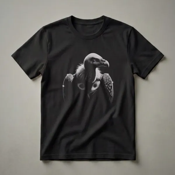 Black t-shirt featuring a detailed, high-contrast drawing of a vulture's head and upper body in shades of white and grey against a black background.