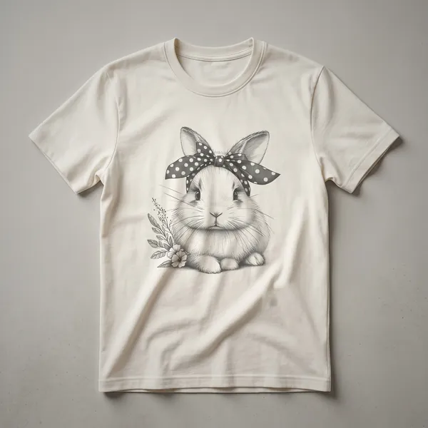 White graphic t-shirt with a black line drawing of a rabbit's head and ears, featuring a small pink heart.