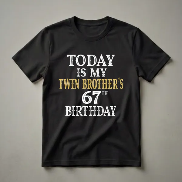 Black t-shirt with white and gold glitter text that reads 'TODAY IS MY TWIN BROTHER'S 67TH BIRTHDAY'.