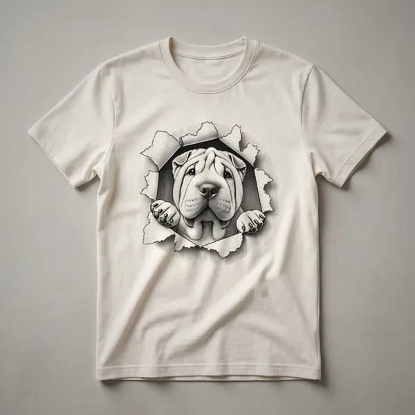 A graphic t-shirt featuring a cartoon illustration of a Chinese Shar Pei dog peeking over the bottom edge of the design.