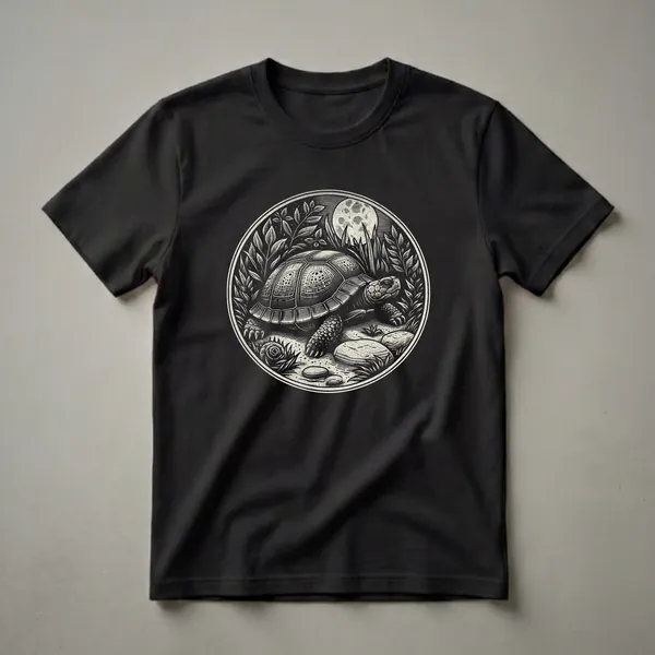 A vintage-style graphic t-shirt featuring a detailed illustration of a tortoise in a natural setting with plants and a full moon, rendered in black and off-white tones.