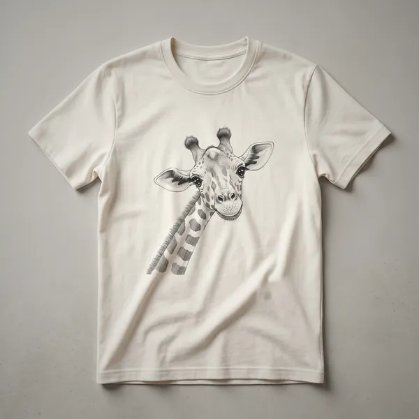 Black and white sketch of a giraffe's head and neck on a white t-shirt, rendered in a vintage artistic style.