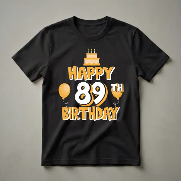 Black t-shirt with orange and white graphic text 'Happy 89th Birthday' and illustrations of a cake and balloons.