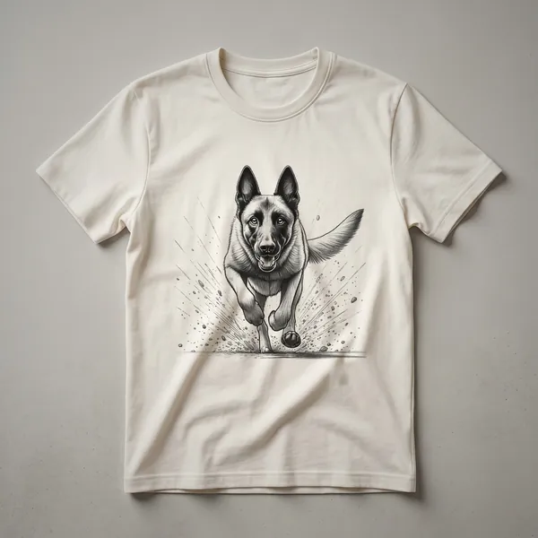 Black graphic t-shirt featuring a silhouette of a Belgian Malinois dog running against a stylized orange and yellow sunset.