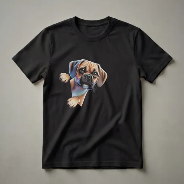 Black t-shirt with a digitally drawn puggle dog peeking from the side, rendered with a colorful, iridescent sheen on its fur.