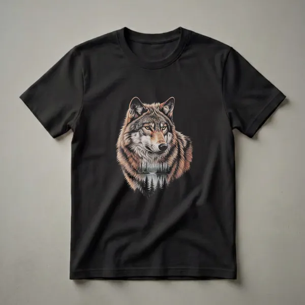 Black t-shirt featuring a detailed drawing of a wolf's head with a forest and lake landscape integrated into its fur, set against a black background.