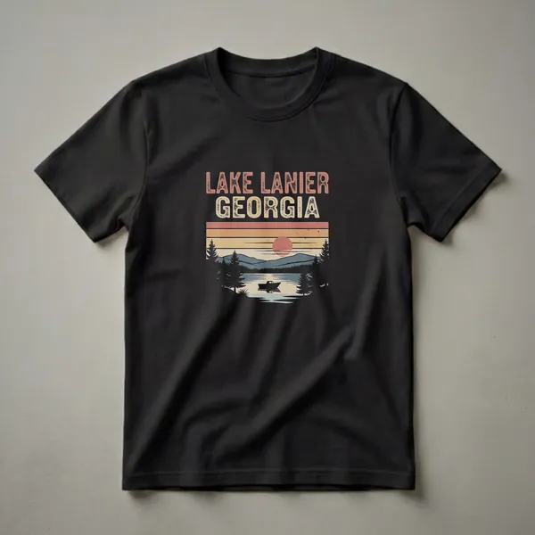 A graphic t-shirt featuring a retro sunset scene over Lake Lanier, Georgia, with a boat on the water and silhouetted trees.
